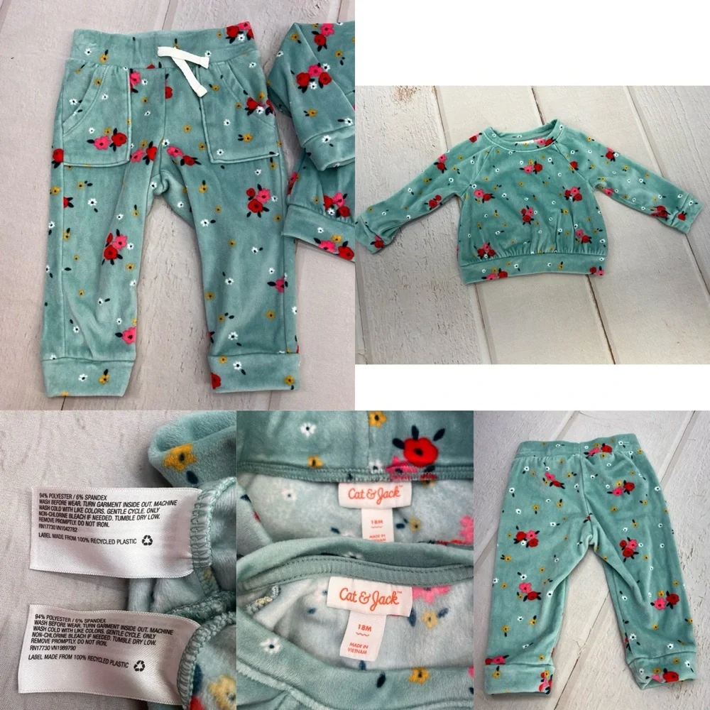 Baby Girls' Ocean Green Floral Long Sleeved Pullover Shirt & Jogger‎ Pants